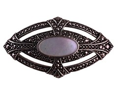 Vintage Silver Tone Brooch Marcasite & Mother-Of-Pearl Oval Design