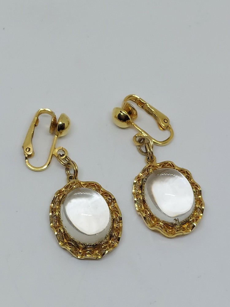 Vintage Art Deco Style Clear Quartz Cabochon Earrings GF 1/20 12K JJJ Signed