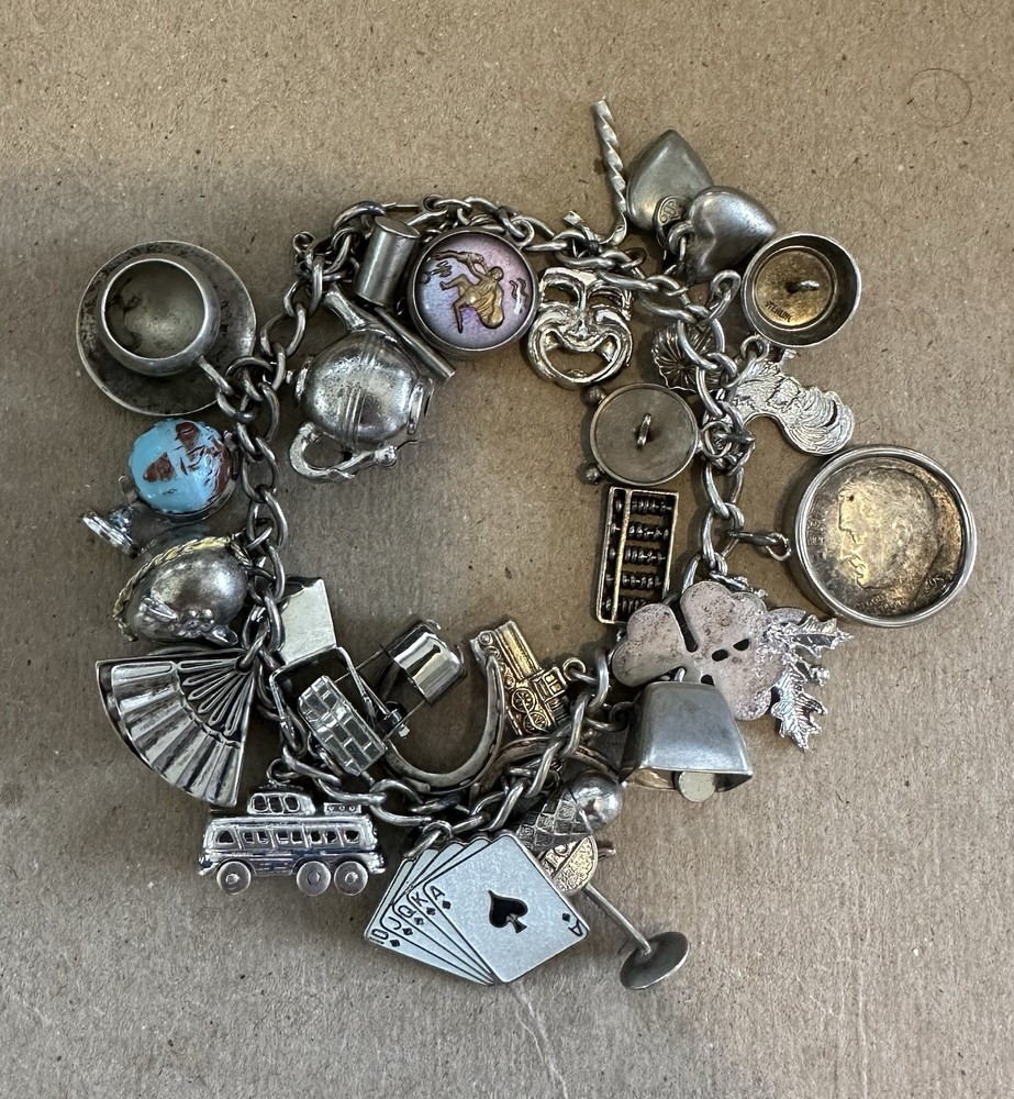 VINTAGE LOADED CHARM BRACELET, MANY SILVER CHARMS, FREE SHIPPING