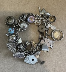 VINTAGE LOADED CHARM BRACELET, MANY SILVER CHARMS, FREE SHIPPING