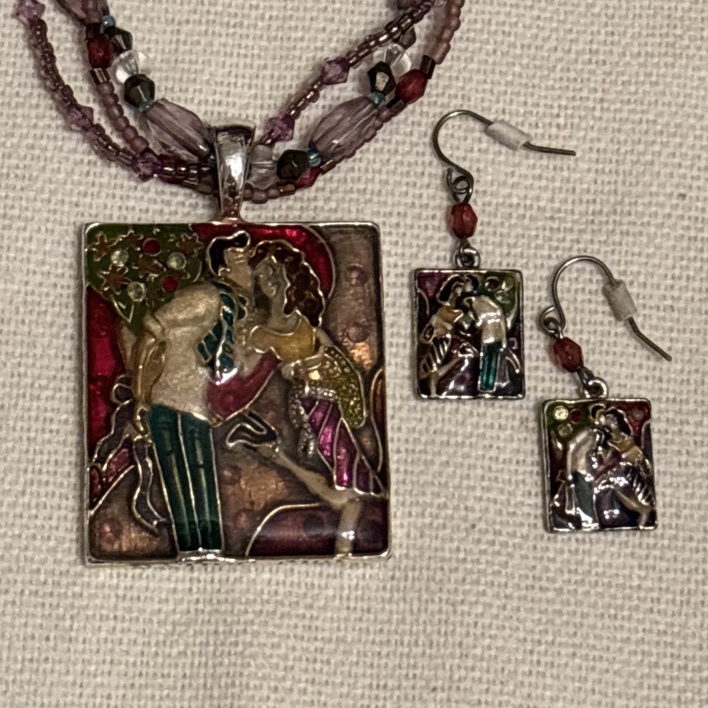 Vintage Necklace Pendant Earring Set Art Enamel 1990-2000’s “Dating Girl”