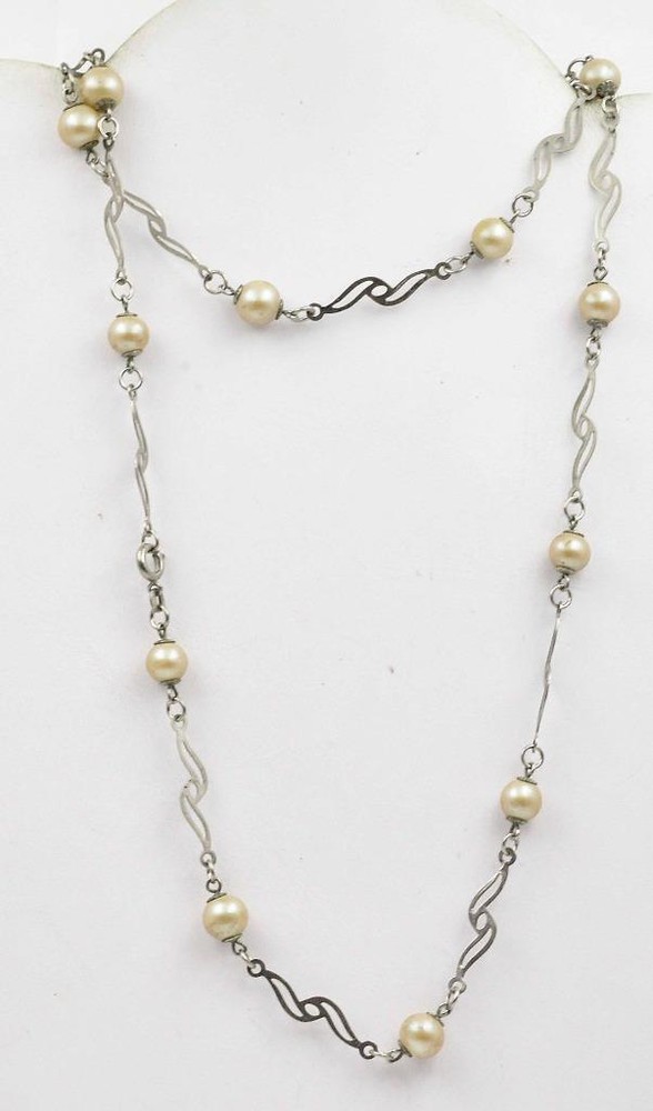 Vintage 800 Silver & 8.5mm creamy beige Faux Pearl Open Link 32″ Ladies necklace