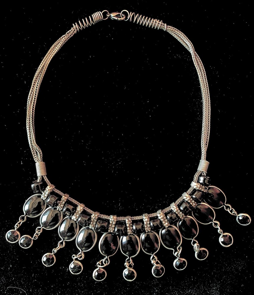 Vintage Silver and Black Onyx Choker Necklace 15 1/2”