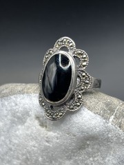 Vintage USSR 925 Silver Ring Black Stone Jewelry Size 7