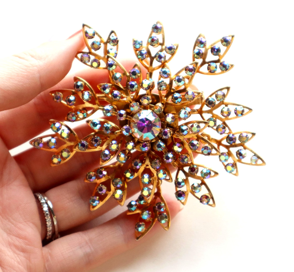 HUGE Vintage AB Glass Rhinestone Snowflake Brooch Articulated Gold Tone 3.5in
