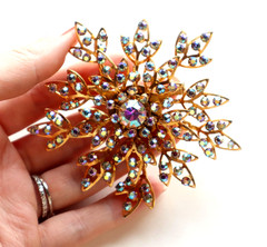 HUGE Vintage AB Glass Rhinestone Snowflake Brooch Articulated Gold Tone 3.5in