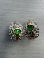 Vintage 80s 90s Gold-Tone Green and Rhinestone Hoop Clip Earrings
