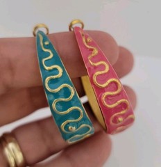 Vintage Gold Tone Pink Blue Enamel Dangle Hoop Earrings Statement