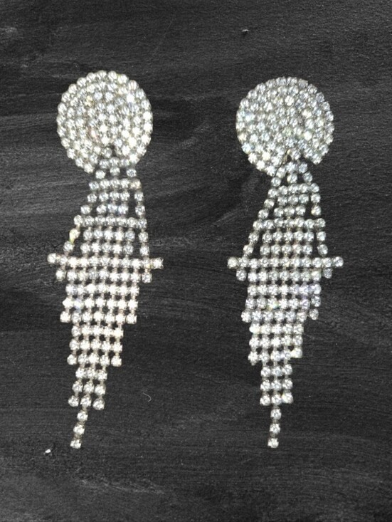 Art Deco Rhinestone Long Chain Earrings Bold Style Silvertone Prong Set