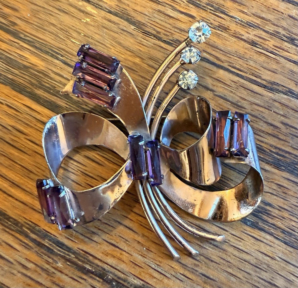 1940 WW2 Era Vermeil Sterling Channel Set Baguette Amethyst Glass Brooch