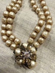 Vtg DeMARIO NY Faux Pearl Rhinestone Double Strand Choker Necklace 13.5-14.5”