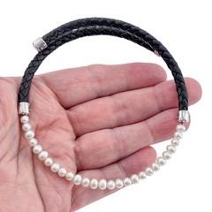 Vintage Sterling Silver 925 Black Braided Leather Pearl Necklace 16.5″