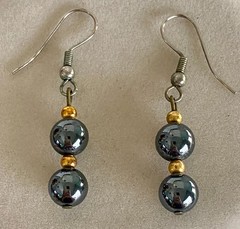 Hematite & Gold Tone Beaded Necklace Drop Earrings Set Pierced Demi Parure