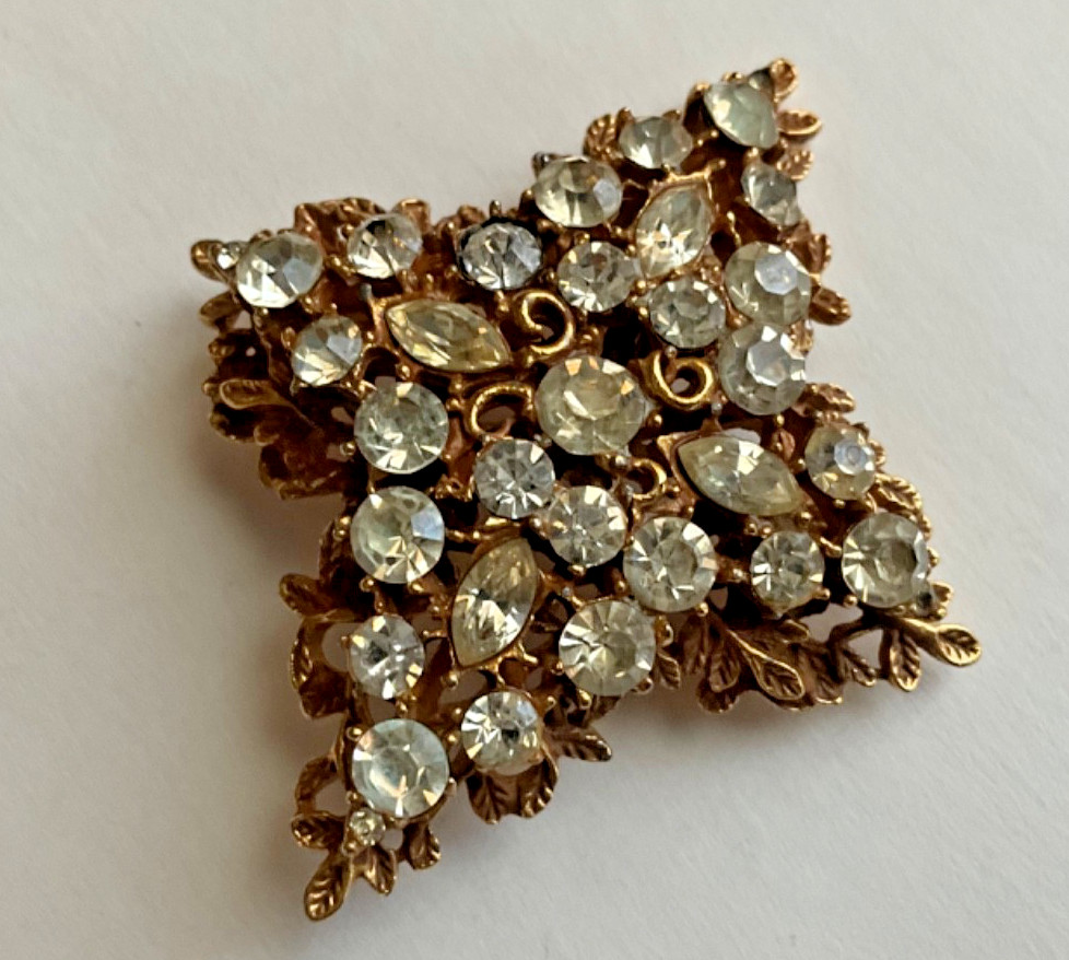 BSK Goldtone Brooch With Rhinestones Approx 2.5 in Vintage Estate Jewelry Signed