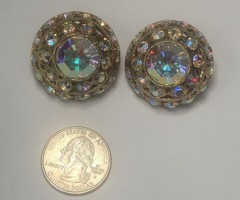 Vintage Signed Graziano 1980s Dome Aurora Borealis Gold Tone Clip On Earrings