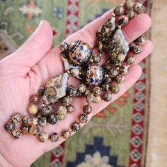 Vintage Necklace LARGE Cloisonne Bead Leopard Jasper Gemstone Knotted 33″
