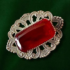 Antique Victorian Brooch Pin Red Glass Silver Tone C Clasp Filigree