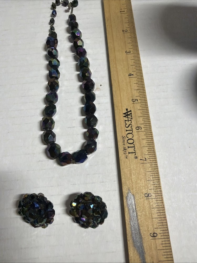 Vintage MCM Oil Slick Peacock Blue Carnival Glass Necklace & Earrings 15in J4