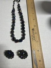 Vintage MCM Oil Slick Peacock Blue Carnival Glass Necklace & Earrings 15in J4