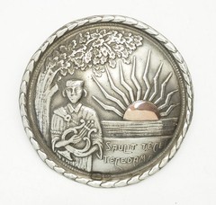 Antique ethnic folk motif woman w harp large round silver brooch pin Latvia