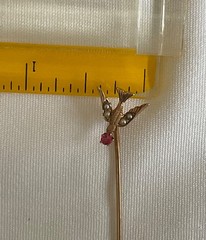 Antique 10kt Gold DOVE/SPARROW Ruby & Seed Pearl Stick Pin w Orig Jewlers Case