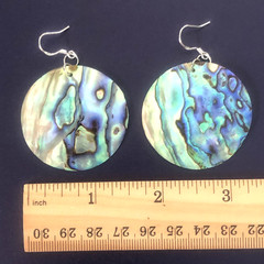 VTG Paua Abalone Shell Round DISK EARRINGS 2.25″ Peacock Blue Green 925 HOOKS