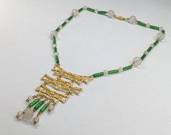 Vintage Chunky Huge Textured Gold Tone Pendant Faux Jade Asian Beaded Necklace