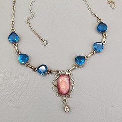 Vintage Glass Bead Necklace Blue Beads Pink Quartz Artisan Silver Tone 18.75″