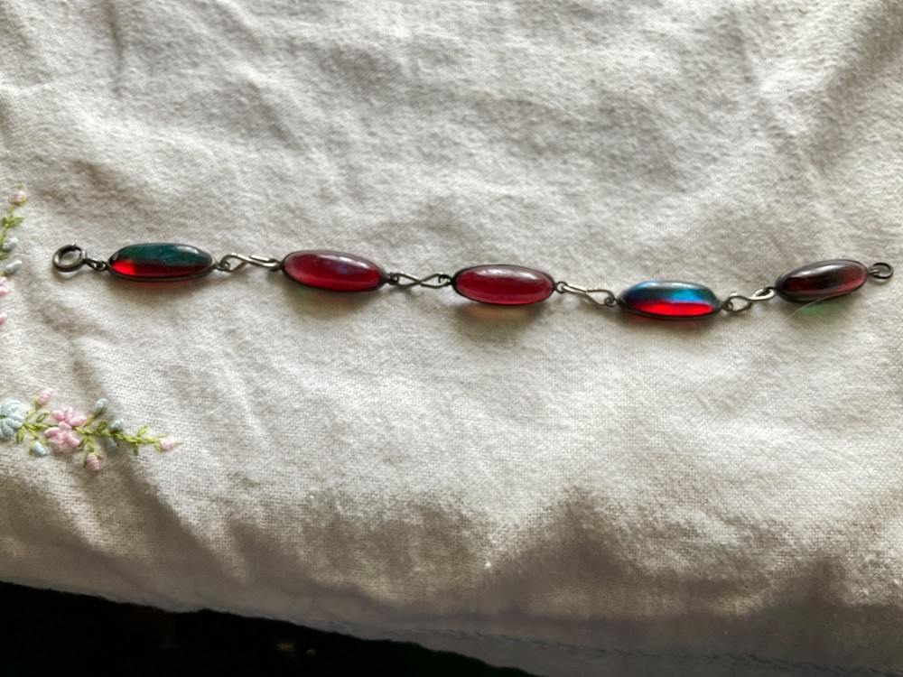 Delicate Art Deco Dragons Breath Cabochon Sterling Floral Bracelet 6.5”