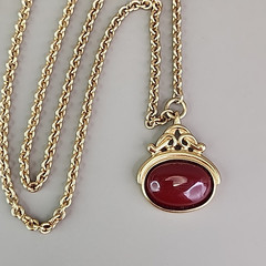 Vintage Liz Claiborne Necklace Faux Watch Fob Pendant Red Gold Tone 31″