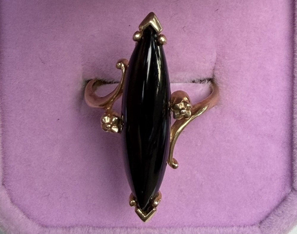 Antique Victorian 10KP Gold Black Onyx Navette Ring Size 7.5 Vintage Floral 4.1g
