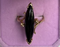 Antique Victorian 10KP Gold Black Onyx Navette Ring Size 7.5 Vintage Floral 4.1g