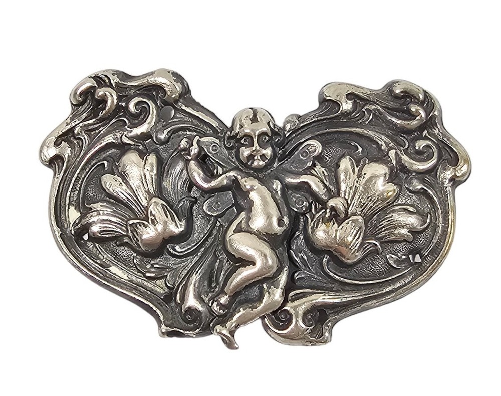 Antique Art Nouveau Angel Cherub Fairy w/ Flowers Belt Buckle