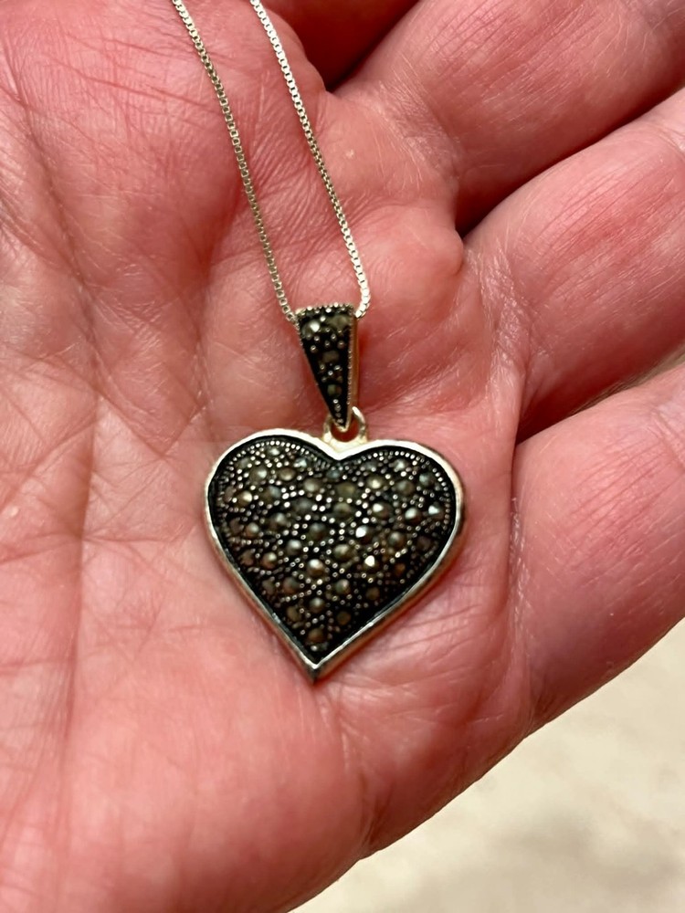 Vintage 925 Sterling Silver Marcasite Pave Heart Pendant Necklace 18″