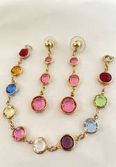 Lot of 2 Vintage Gold Tone Glass Bezel Bracelet & Earrings Pink Purple Blue