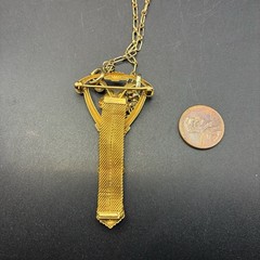 Vintage 12k Gold Filled Pocket Watch Chain Mesh Necklace FOB, Dog Clip, Red Gem