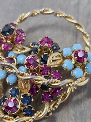 Pink Blue Rhinestone Flower Basket Brooch Pin Gold Tone Vintage 2 Inch Unsigned