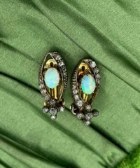 Art Deco Opal Rose Cut Diamond Earrings 14 Karat Gold Antique