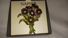 Napier Red/ Burgundy Clear Stone Floral Brooch Bouquet 2 1/2 Inches