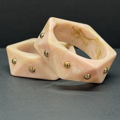 2 Chunky Retro Geometric Hexagon Soft Pink Gold Studed Marbled Bangle Bracelets