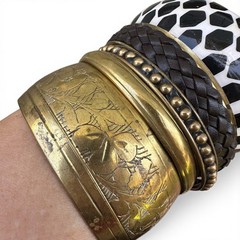 Geometric Brass Bracelet Stack Enamel Bangle Vintage Leather Black White Safari