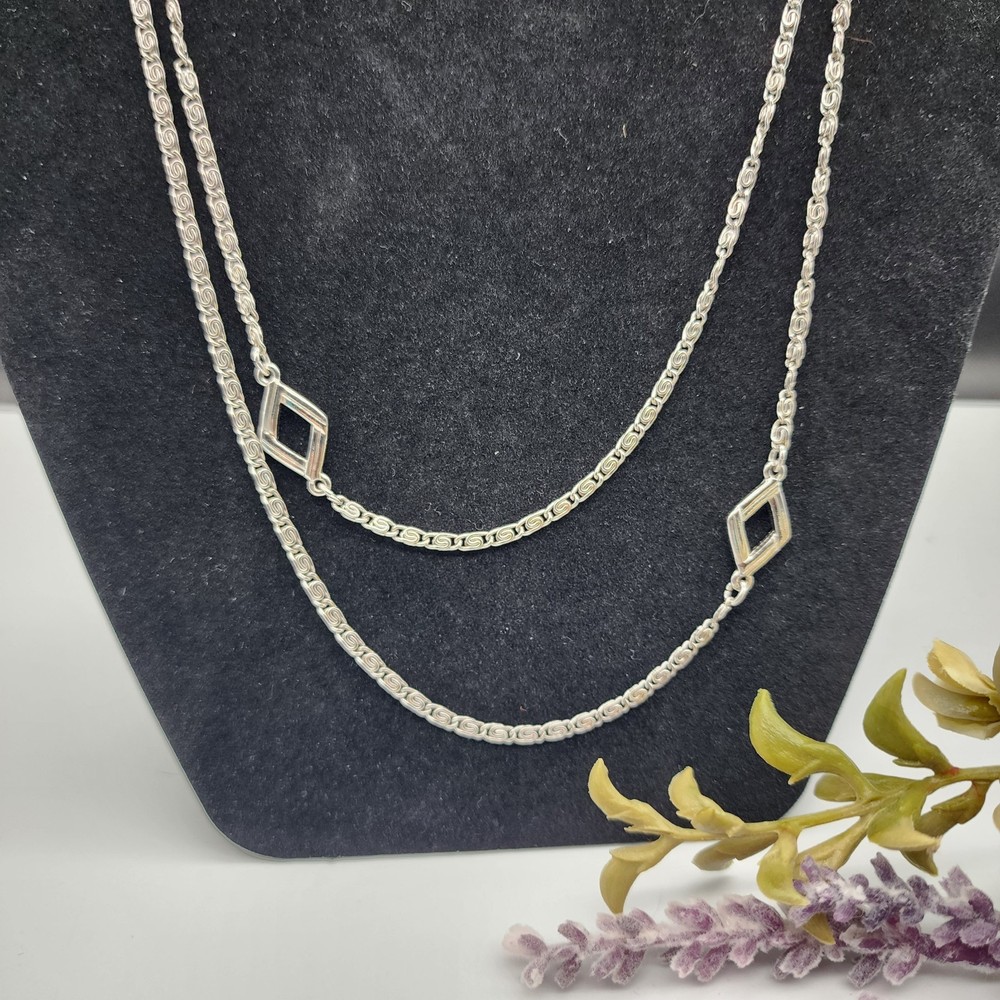 Vintage Monet Greek Key Link Chain Necklace Silver Tone Fancy Meander Link 56in