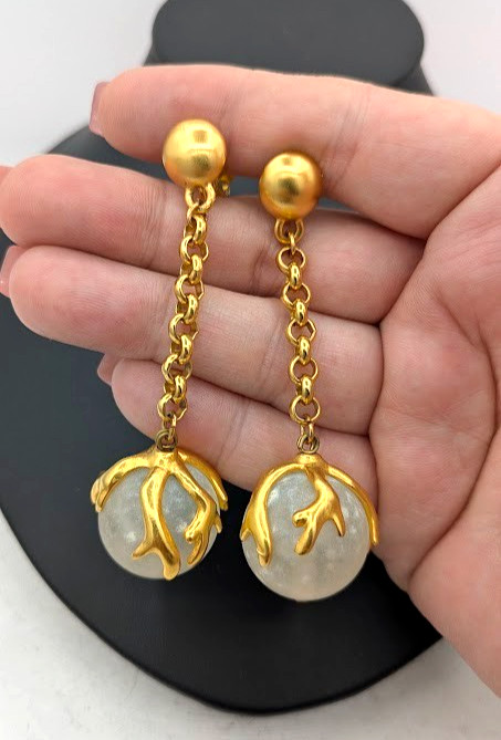 Vintage Ball & Chain Dangle Earrings Gold Tone Frosted Glass Clip On