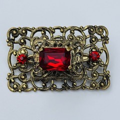 Vintage Brooch Red Glass Stones Filigree Openwork Goldtone 1-7/8″ x 1-1/8′