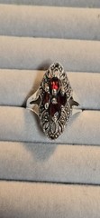 Vintage Art Deco Sterling Silver Marcasite And Garnet Marquise Shape Ring Sz 7