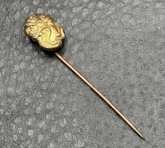 Vintage Art Nouveau Lady Face Stick Pin Gold Tone Brass Antique Victorian Era