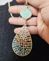Goldtone Chain Necklace w/ Drop Large Pendant Multicolor Stones 29in- S88