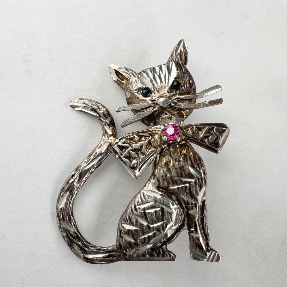 Vintage Sterling Silver Cat Brooch with Sapphires & Ruby Figural MCM Design