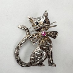 Vintage Sterling Silver Cat Brooch with Sapphires & Ruby Figural MCM Design