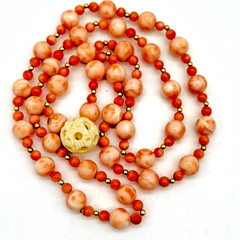 VTG Angel Skin Coral Necklace 36in Carved White Chinese Puzzle Ball 11mm OOAK